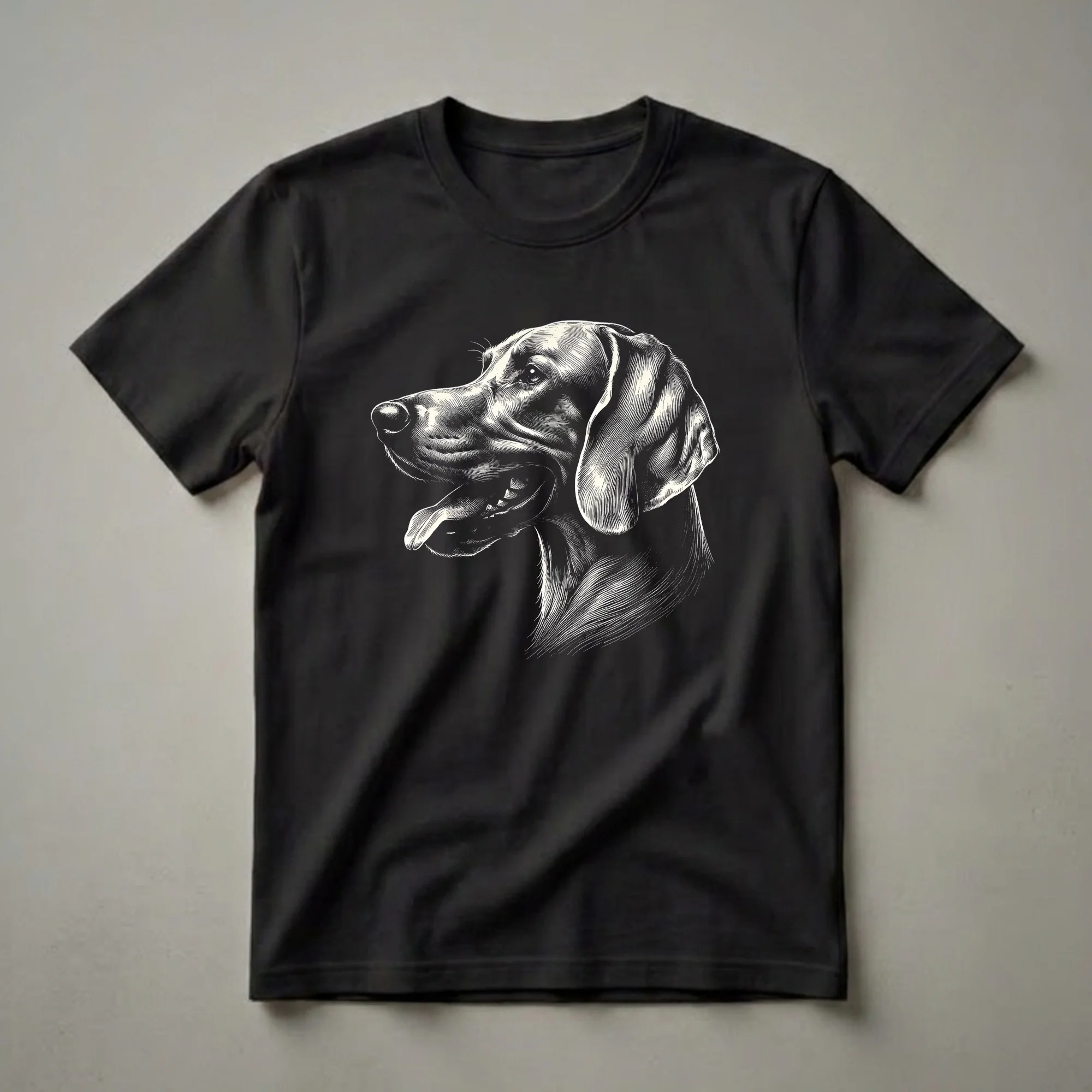 Black and white line art illustration of a Weimaraner dog's head in profile, with its mouth open and tongue visible, on a black background.