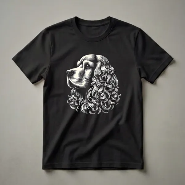 Black and white engraving art of a Cocker Spaniel dog's head in profile, on a black t-shirt.