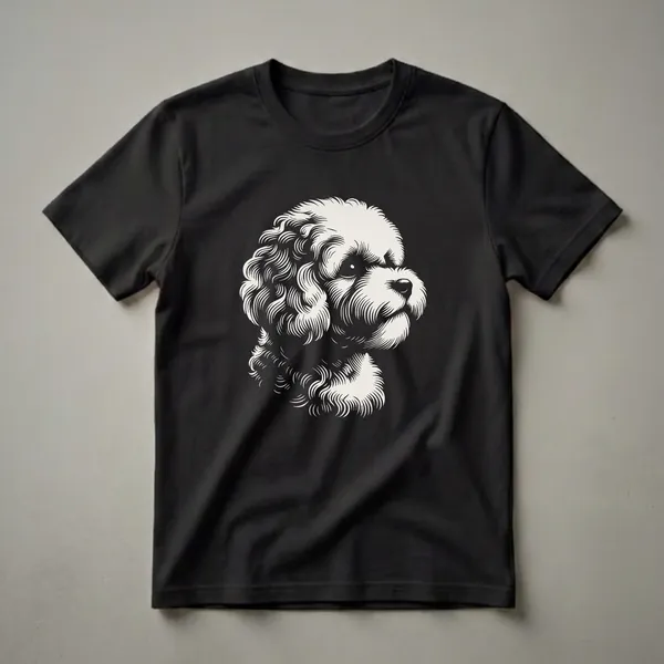 Cream-colored Maltipoo dog face linework graphic t-shirt against a black background.