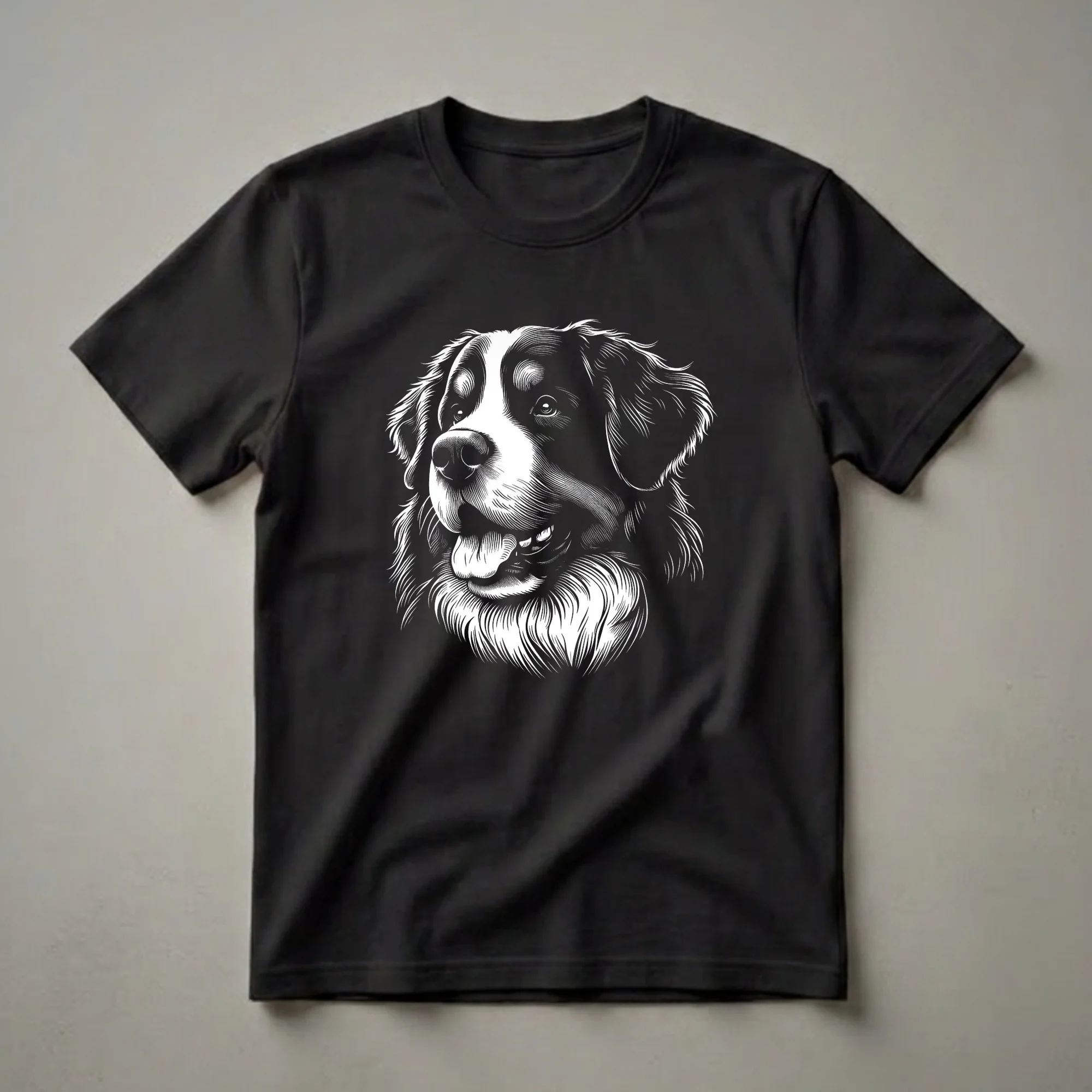 Black and white line art illustration of a Bernese Mountain Dog's face with its tongue slightly out, set against a black background.