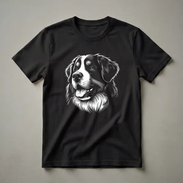 Black and white line art illustration of a Bernese Mountain Dog's face with its tongue slightly out, set against a black background.