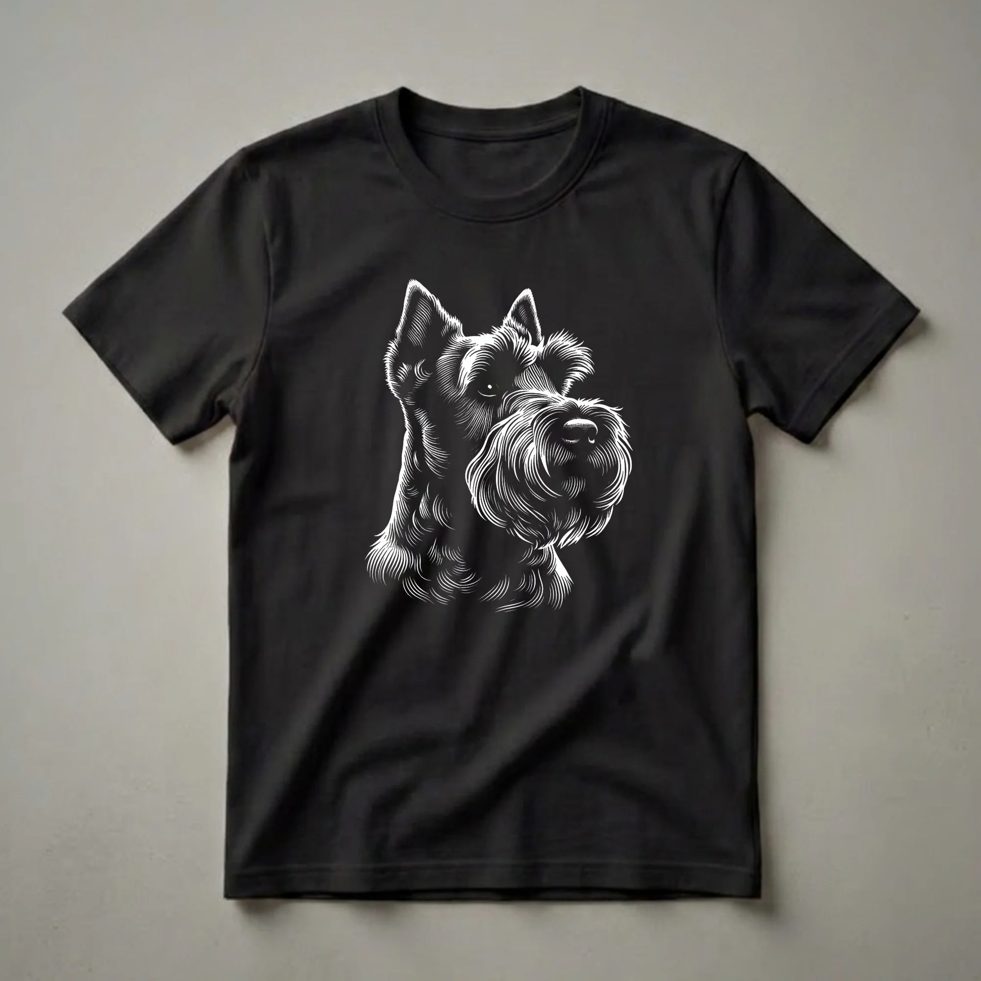 White line art illustration of a Scottish Terrier dog's head with a prominent beard and alert ears, set against a black background.