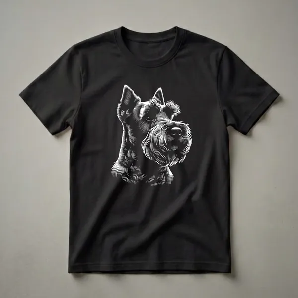 White line art illustration of a Scottish Terrier dog's head with a prominent beard and alert ears, set against a black background.