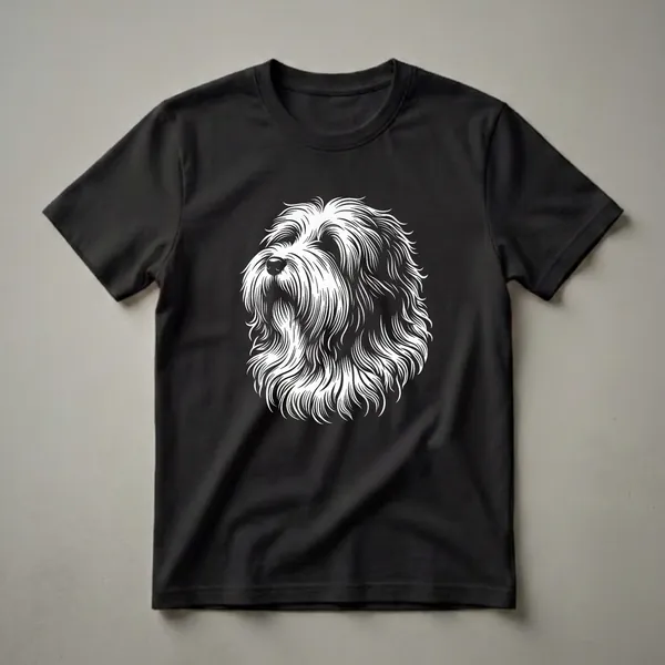 Black t-shirt with a white line art illustration of a Bearded Collie dog's face, showcasing its shaggy fur and nose.