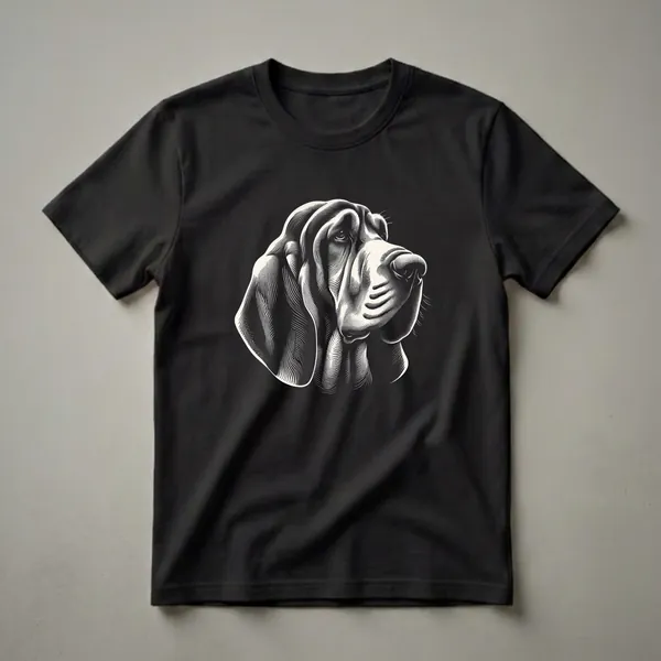 Black and white line art graphic t-shirt featuring the profile of a Bloodhound dog's head with its distinctive droopy ears and wrinkled face.