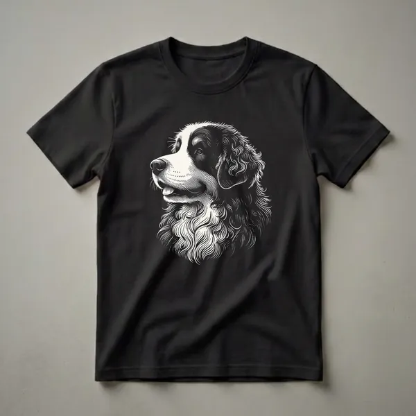 Black and white line art illustration of a Bernese Mountain Dog's head, showing its fluffy mane and distinctive markings, on a black background.
