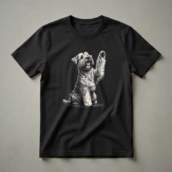 Black and white scratchboard art t-shirt featuring a Soft Coated Wheaten Terrier sitting and raising its right paw for a high-five, with its tongue slightly out.