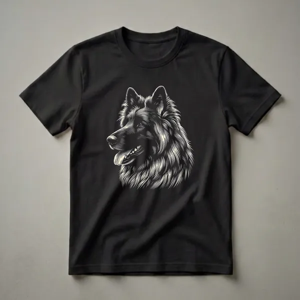 Black and white scratchboard art t-shirt featuring the profile of a Belgian Tervuren dog's head with its tongue slightly visible.