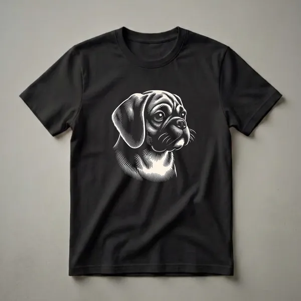 Black and white woodcut art of a Puggle dog's face, showing its head in profile with detailed linework for fur, eyes, and nose, set against a black background.