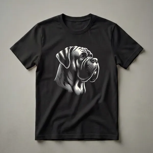 Black and cream scratchboard art graphic t-shirt featuring the head of a Cane Corso dog in profile, looking to the right.