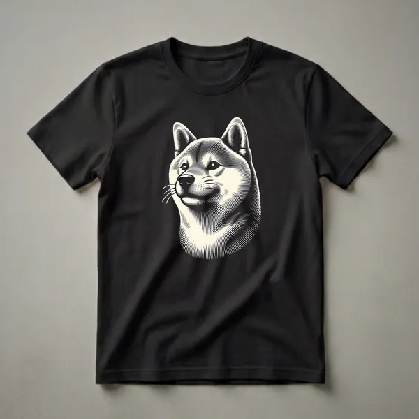 Black and cream woodcut-style illustration of a Shiba Inu dog's face, with sharp lines defining its features, set against a black background.