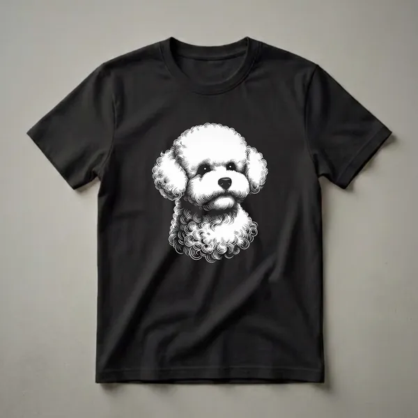 Black and white line art illustration of a Bichon Frise dog's face, featuring curly fur texture and dark eyes, on a black background.