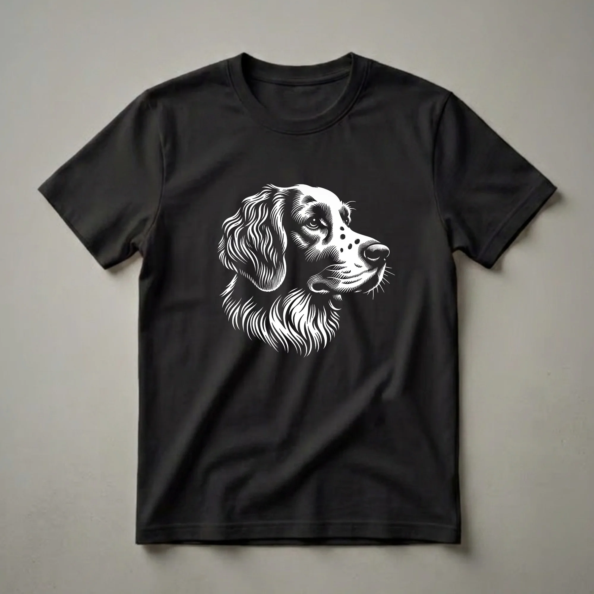 Black and white linocut art of a Brittany Spaniel dog's face, shown in profile with detailed fur and facial features, on a black background.