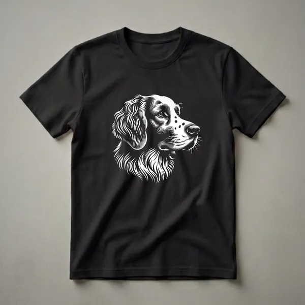 Black and white linocut art of a Brittany Spaniel dog's face, shown in profile with detailed fur and facial features, on a black background.