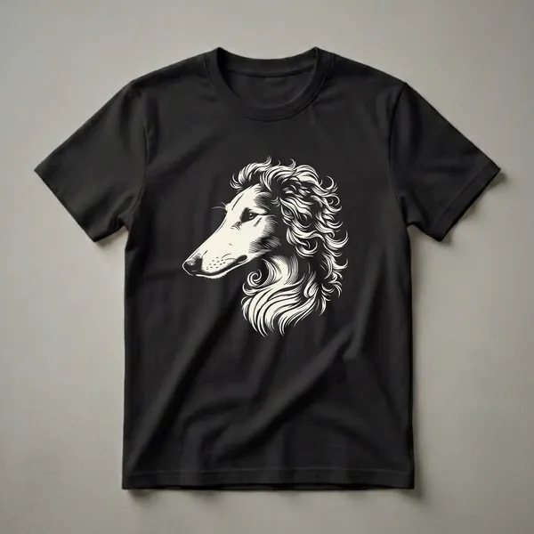 Cream-colored linocut art of a Borzoi dog's head in profile, with flowing mane and long muzzle, on a black background.