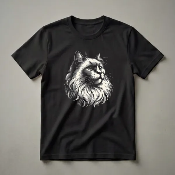 Black t-shirt featuring a detailed scratchboard illustration of a cream-colored Ragdoll cat's face with a fluffy mane, looking to the right.