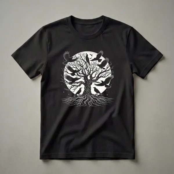 Black graphic t-shirt featuring a white linocut-style illustration of a gnarled tree with exposed roots, surrounded by flying and perched ravens against a large full moon.