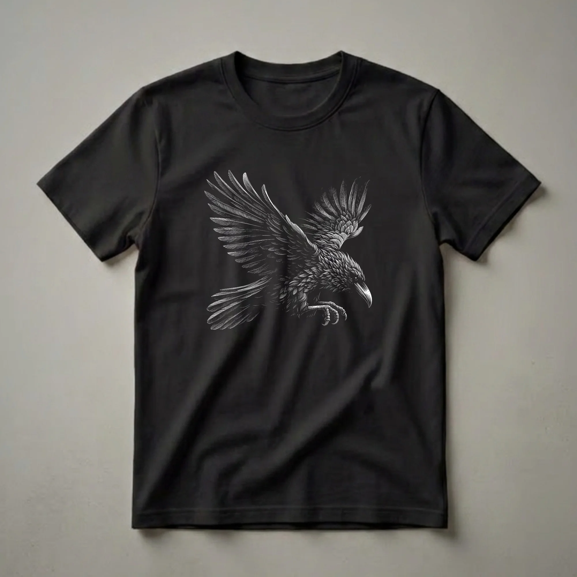 Black t-shirt with a white, detailed scratchboard illustration of a raven in flight, wings spread, talons extended, against a black background.