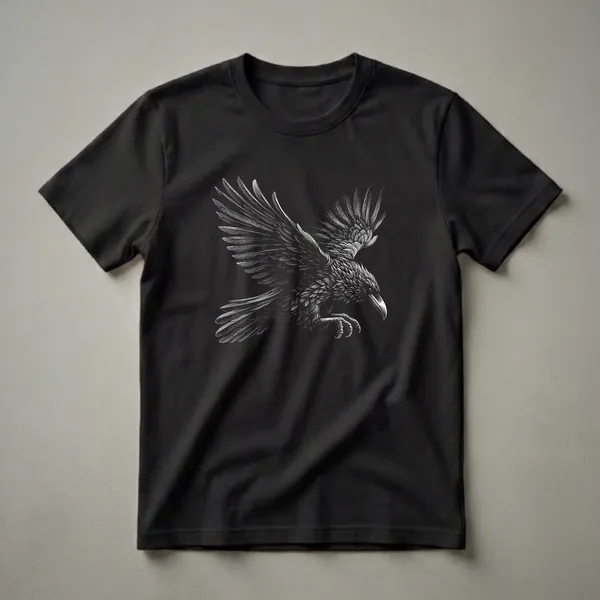 Black t-shirt with a white, detailed scratchboard illustration of a raven in flight, wings spread, talons extended, against a black background.
