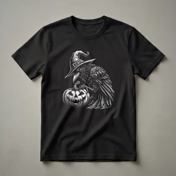 Black and white linocut t-shirt design featuring a raven wearing a witch hat and perched next to a carved jack-o'-lantern.