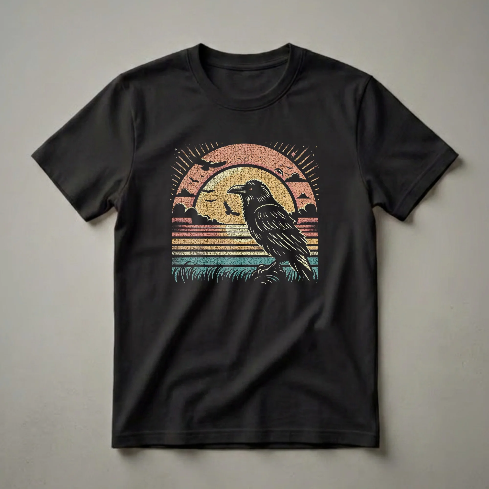 Vintage Raven Retro Sunset Graphic T-Shirt for Bird Lovers