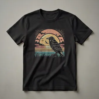 Vintage Raven Retro Sunset Graphic T-Shirt for Bird Lovers