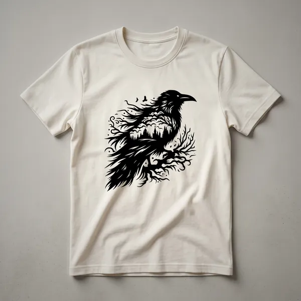 White t-shirt with a black graphic of a raven in flight, wings spread wide, against a plain white background.