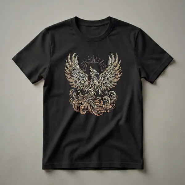 Black t-shirt with a golden linework graphic of a phoenix in flight, featuring ornate tail feathers and a sunburst.
