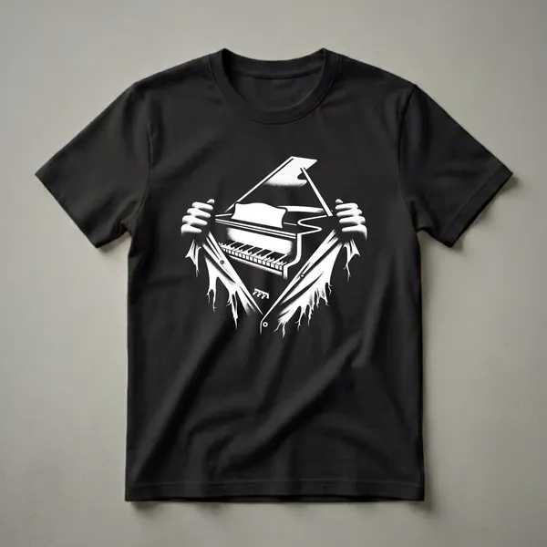 Black t-shirt with a white graphic design of a grand piano revealed by tearing open the shirt, with hands pulling the fabric apart.