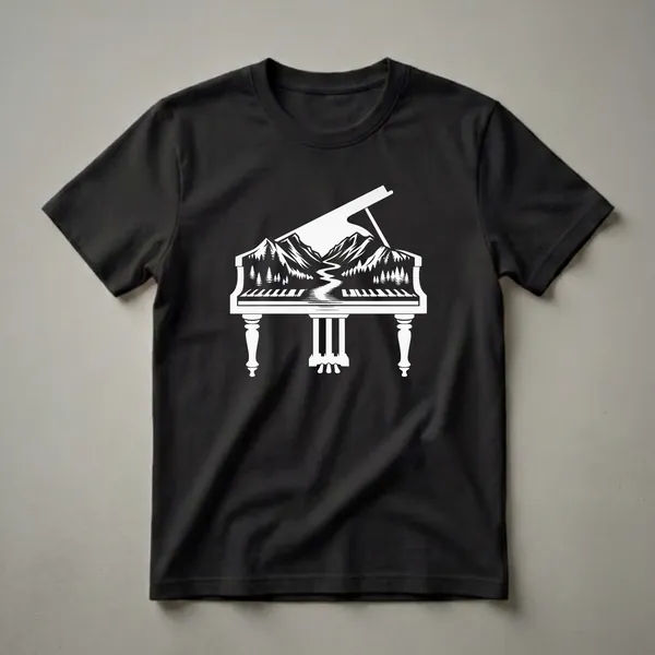 White graphic design of a grand piano with a mountain range, pine trees, and a winding river scene integrated into its body, displayed on a black background.