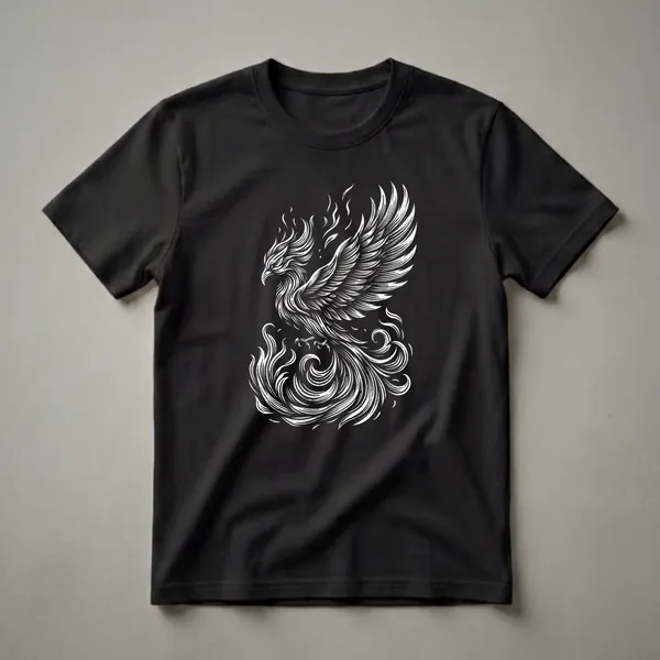Black t-shirt featuring a white line art illustration of a phoenix with spread wings, surrounded by stylized flames and smoke.