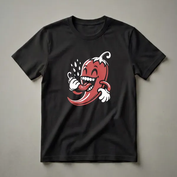 Black t-shirt featuring a vintage cartoon red chili pepper with a wide grin, sticking out its tongue, and sweating, with white droplets around its head.