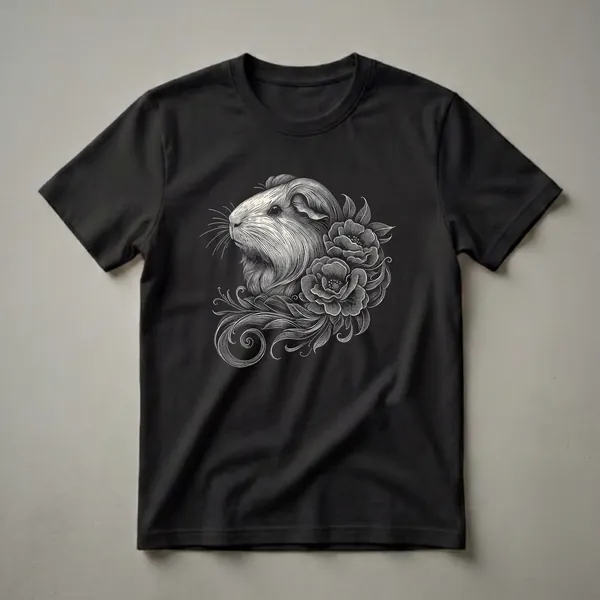 Black and white line art graphic t-shirt featuring a guinea pig's head adorned with flowers and swirling vines.