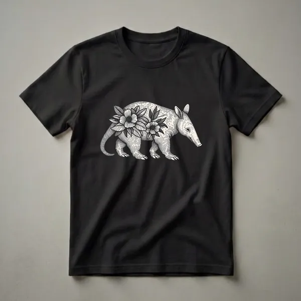 Black t-shirt featuring a cream-colored aardvark illustration with black linocut floral accents.