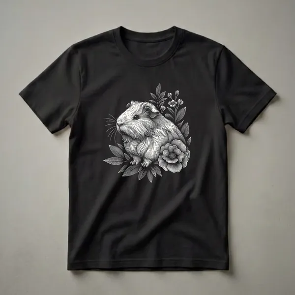 Black and white linocut graphic t-shirt featuring a guinea pig surrounded by detailed flowers and leaves.