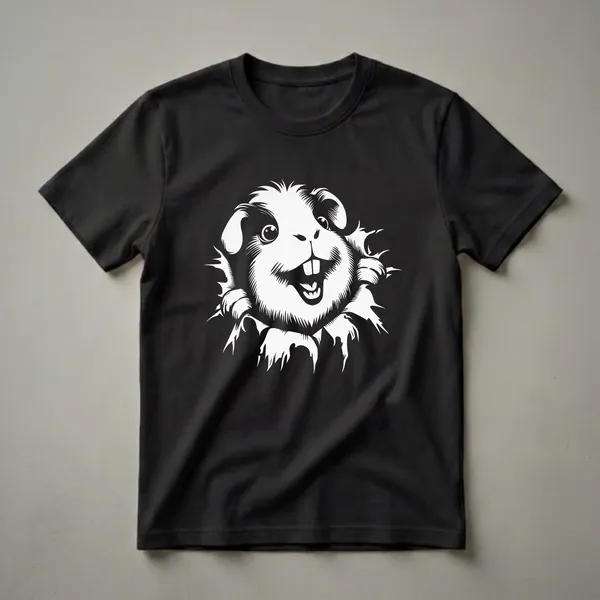 White graphic of a happy guinea pig with large eyes and buck teeth peeking through a torn black background, on a t-shirt.