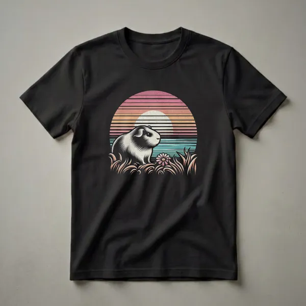 Black t-shirt featuring a retro sunset graphic with a guinea pig in the foreground, surrounded by grass and a flower.