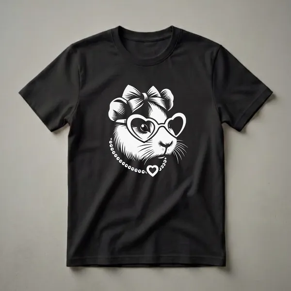 White graphic of a guinea pig wearing heart-shaped sunglasses, a bow, and a pearl necklace with a heart charm, set against a black background.