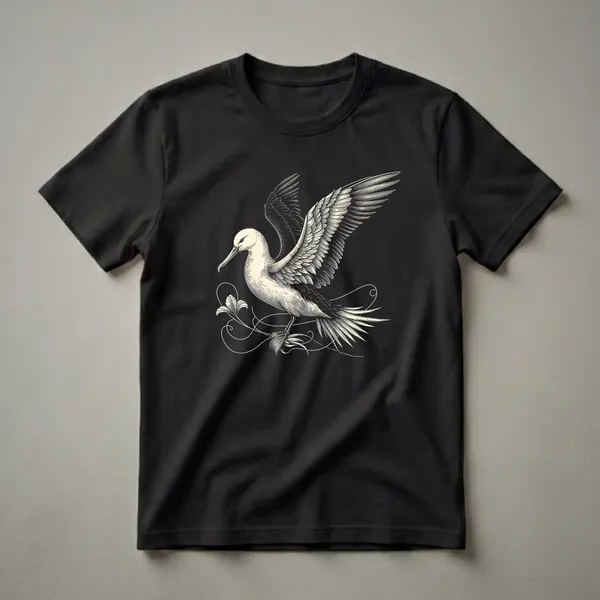 Black t-shirt with a monochrome engraving-style albatross in flight with wings fully spread, legs extended, and decorative floral vine elements below.