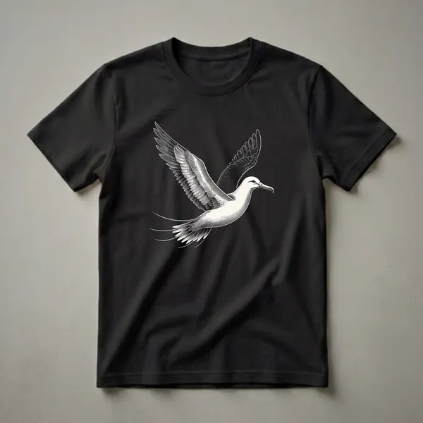 A vintage black and white illustration of a large albatross with its wings spread wide, depicted in flight against a solid black background. The artwork features detailed linework.