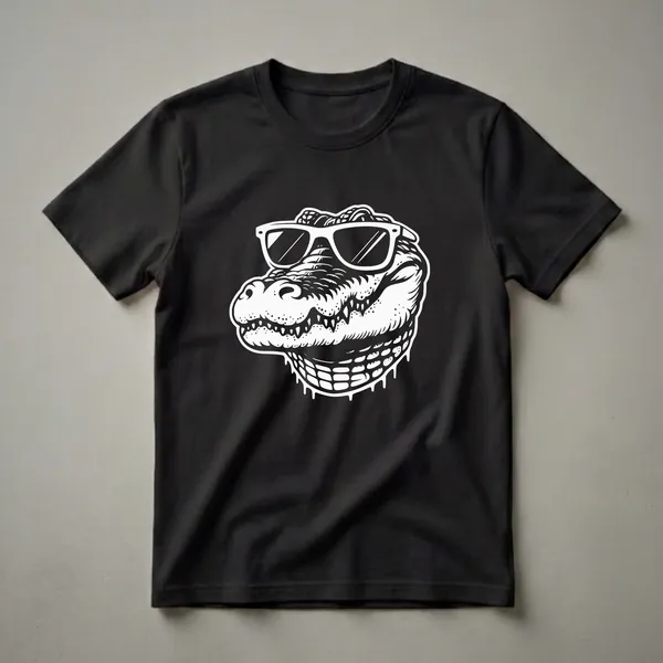 Black t-shirt featuring a white graphic of an alligator's head wearing white-rimmed sunglasses, showcasing its scaly skin.