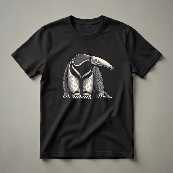 Black and white graphic t-shirt featuring a detailed woodcut illustration of a giant anteater with its long snout and distinctive stripes.