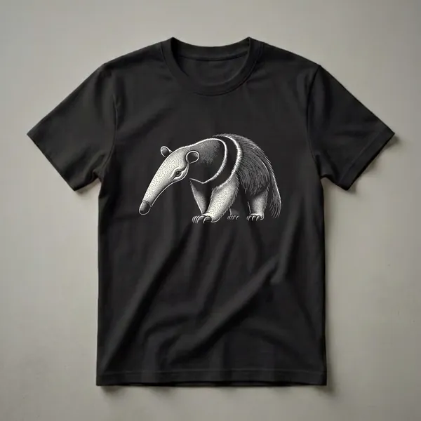 Black and white vintage illustration of an anteater with a long snout and bushy tail, depicted on a black t-shirt.
