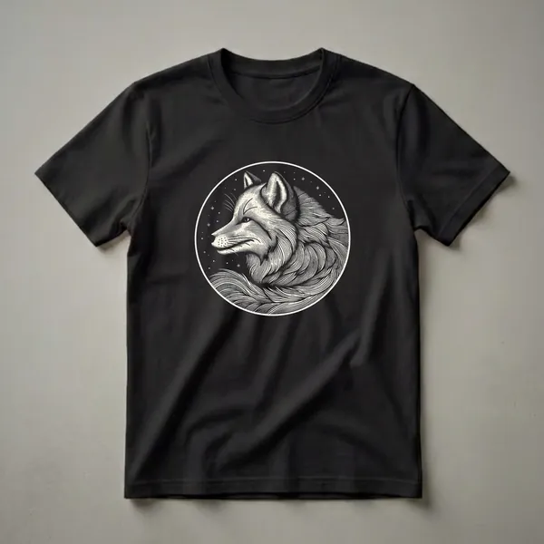 Black t-shirt featuring a cream-colored linocut illustration of an arctic fox's head and shoulders within a circle, surrounded by small white stars.