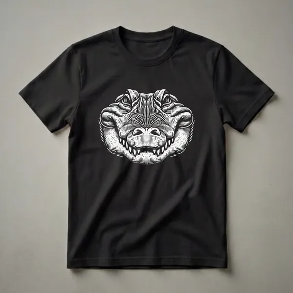 White linocut graphic of an alligator's face with detailed scales and teeth on a black t-shirt.
