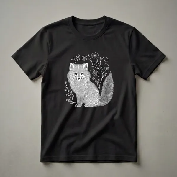 Black t-shirt with a white line drawing of an arctic fox sitting among flowers and vines, rendered in a vintage style.