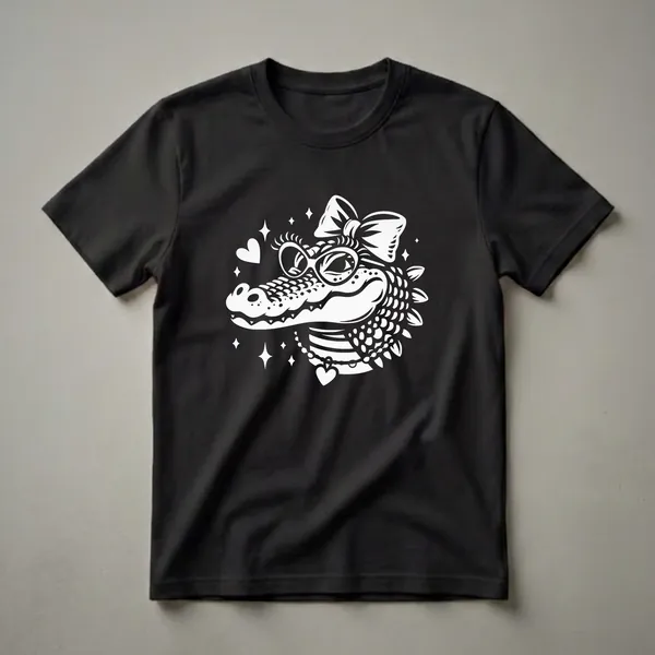 White graphic of a cute alligator wearing sunglasses and a bow, with hearts and stars, on a black t-shirt.