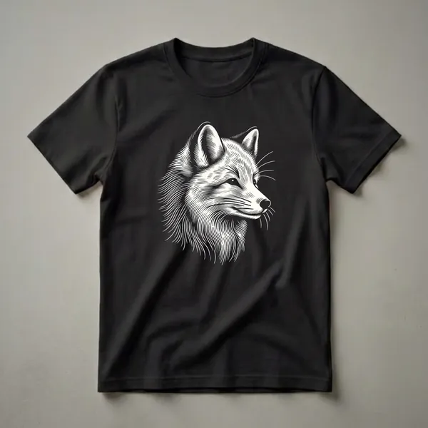 Black t-shirt with a white line art illustration of an arctic fox's head in profile, detailed with fine, wavy lines.
