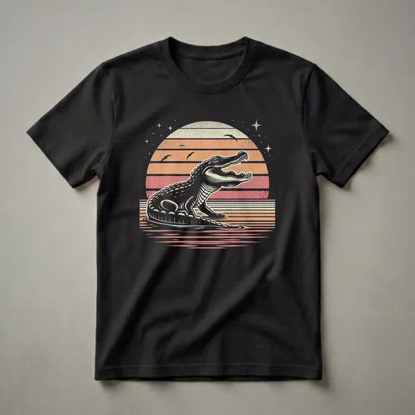 Black silhouette of an alligator in water against a retro sunset with horizontal stripes in cream, peach, and coral, with stars in the dark sky above.