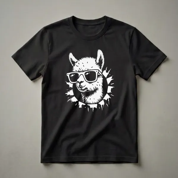 Black and white graphic t-shirt design featuring a close-up of an alpaca or llama wearing large, square sunglasses, with a circular, splash-like background element.